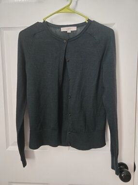 LOFT Dark Green Button-Up Crewneck Cardigan